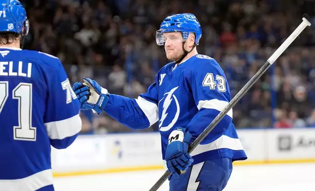 Tampa Bay Lightning defenseman Darren Raddysh (43) celebrates his goal against the Utah Mammoth with center Anthony Cirelli (71) during the second period of an NHL hockey game Monday, Jan. 26, 2026, in Tampa, Fla. (AP Photo/Chris O'Meara)