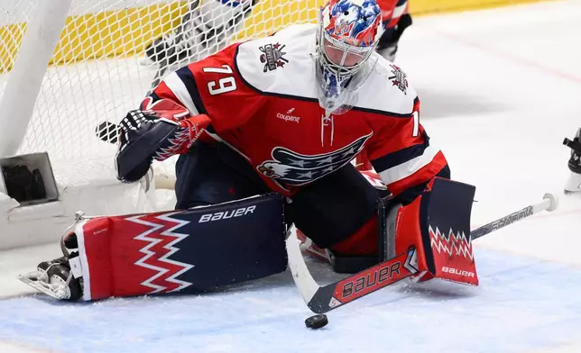 Washington Capitals goaltender Charlie Lindgren (79) stops the puck during the third period of an NHL hockey game against the New York Rangers, Wednesday, Dec. 31, 2025, in Washington. (AP Photo/Nick Wass)