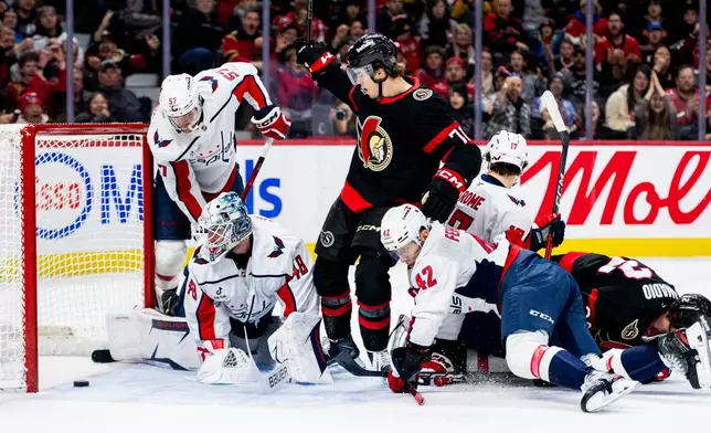 Washington Capitals goalie Logan Thompson (48) watches the puck leave his net on a goal scored by Ottawa Senators' Ridly Grieg (71) during second period NHL hockey action on New Year's Day in Ottawa, on Thursday, Jan. 1, 2026. (Spencer Colby/The Canadian Press via AP)