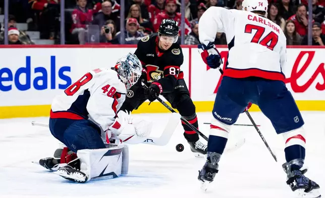 Ottawa Senators' Stephen Halliday (83) fights for control of the puck in front of Washington Capitals goalie Logan Thompson (48) during second period NHL hockey action on New Year's Day in Ottawa, on Thursday, Jan. 1, 2026. (Spencer Colby/The Canadian Press via AP)