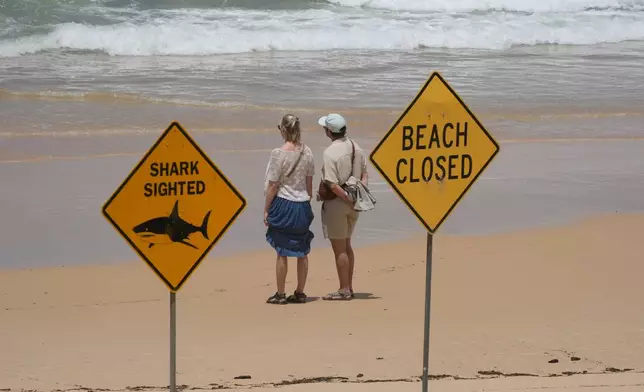 A couple look out to sea at North Steyne Beach in Sydney, Tuesday, Jan. 20, 2026, after a series of shark attacks. (AP Photo/Rick Rycroft)