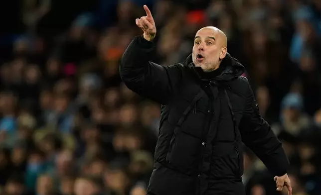 Manchester City's head coach Pep Guardiola gives instructions from the side line during the English Premier League soccer match between Manchester City and Brighton and Hove Albion in Manchester, England, Wednesday, Jan. 7, 2026. (AP Photo/Dave Thompson)
