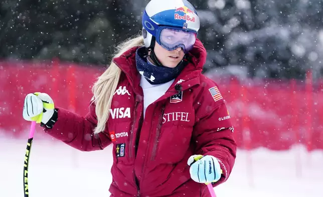 United States' Lindsey Vonn ahead of an alpine ski, women's World Cup downhill, in Crans Montana , Switzerland, Friday, Jan. 30, 2026. (AP Photo/Pier Marco Tacca)