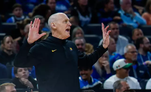 Indiana Pacers head coach Rick Carlisle reacts to his team as they play against the Orlando Magic during the first half of an NBA basketball game, Sunday, Jan. 4, 2026, in Orlando, Fla. (AP Photo/Kevin Kolczynski)