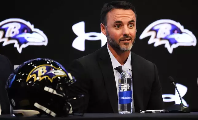 Baltimore Ravens head coach Jesse Minter speaks during an introductory press conference at the Under Armour Performance Center in Owings Mills, Md., Thursday, Jan. 29, 2026. (AP Photo/Stephanie Scarbrough)