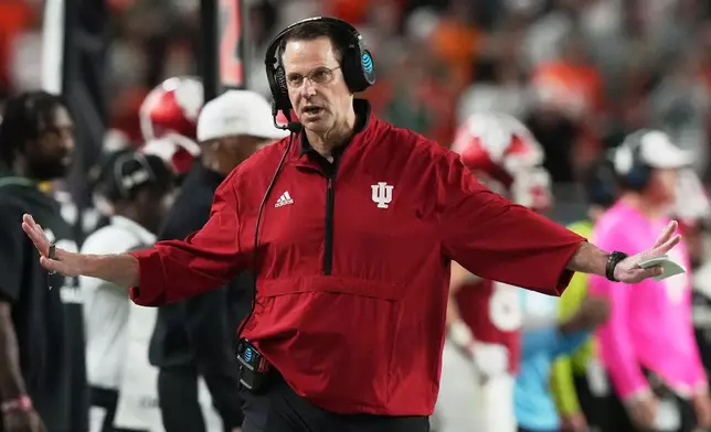 Indiana head coach Curt Cignetti reacts during the second half of the College Football Playoff national championship game against Miami, Monday, Jan. 19, 2026, in Miami Gardens, Fla. (AP Photo/Marta Lavandier)