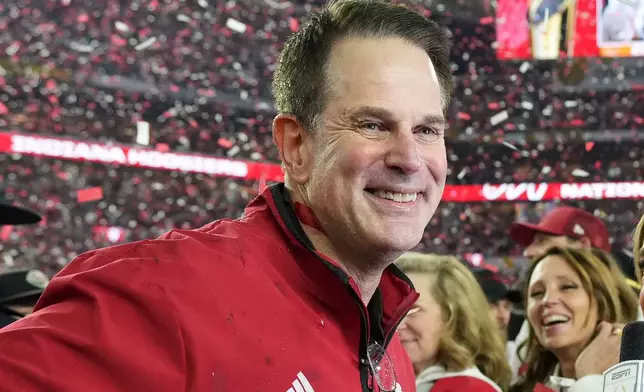 Indiana head coach Curt Cignetti smiles after their win against Miami in the College Football Playoff national championship game, Monday, Jan. 19, 2026, in Miami Gardens, Fla. (AP Photo/Rebecca Blackwell)