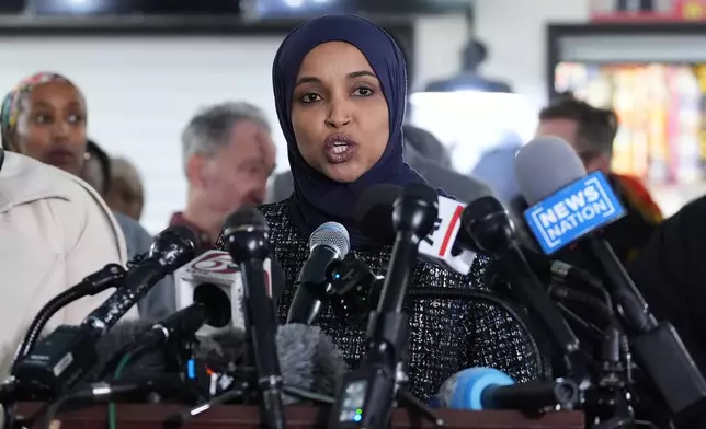 Rep. Ilhan Omar, D-Minn., speaks during a press conference on Wednesday, Jan. 28, 2026, in Minneapolis. (AP Photo/Adam Gray)
