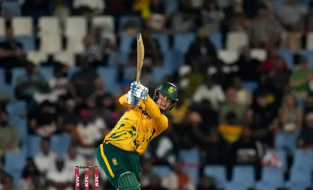 South Africa's batsman Ryan Rickelton watches on his shot during the T20 International cricket match between South Africa and West Indies, in Centurion, South Africa, Thursday, Jan. 29, 2026. (AP Photo/Themba Hadebe)
