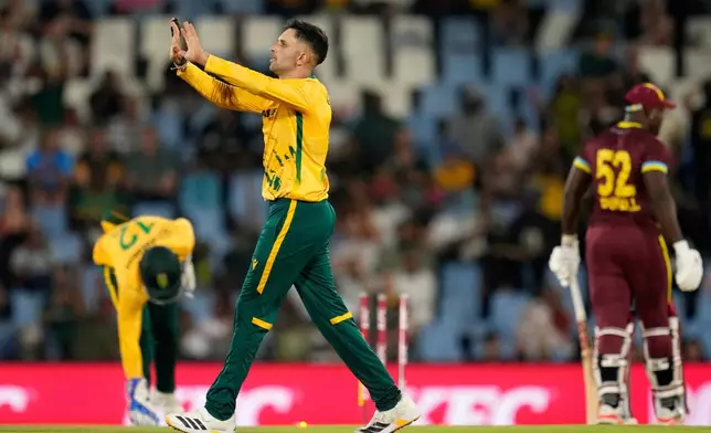 South Africa's bowler Keshav Maharaj celebrates after bowling West Indies batsman Rovman Powell during the T20 International cricket match between South Africa and West Indies, in Centurion, South Africa, Thursday, Jan. 29, 2026. (AP Photo/Themba Hadebe)