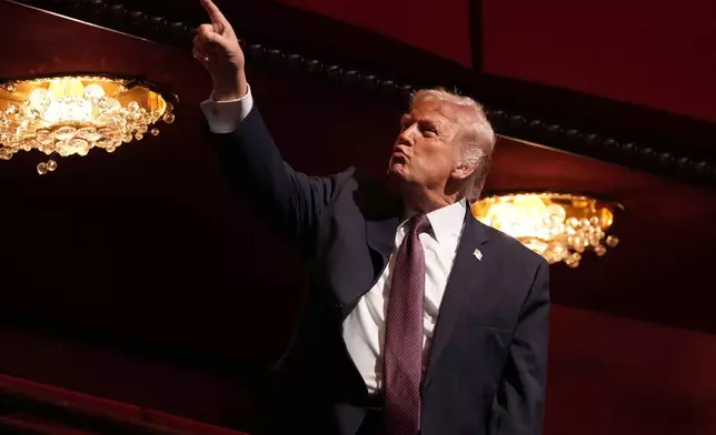 President Donald Trump gestures before the premiere of first lady Melania Trump's movie "Melania" at The John F. Kennedy Memorial Center For The Performing Arts, Thursday, Jan. 29, 2026, in Washington. (AP Photo/Allison Robbert)