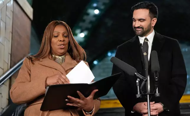 New York Attorney General Letitia James, left, prepare to administer the oath of office to mayor-elect Zohran Mamdani, Thursday, Jan. 1, 2026, in New York. (AP Photo/Yuki Iwamura)
