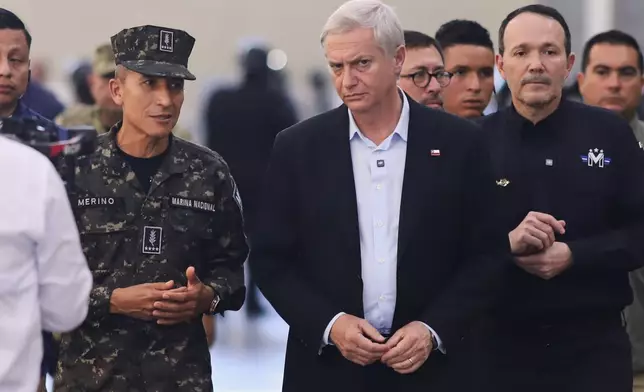 Chile's President-elect Jose Antonio Kast is given a tour of the mega prison known as Detention Center Against Terrorism (CECOT) in Tecololuca, El Salvador, Friday, Jan. 30, 2026. (AP Photo/Salvador Melendez)