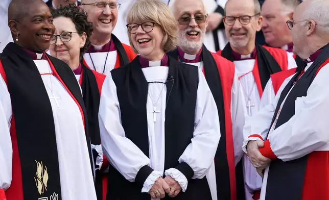 Sarah Mullally on the steps of St Paul's Cathedral, London, following the Confirmation of Election ceremony confirming her as archbishop of Canterbury, becoming the first woman to lead the Church of England, Wednesday Jan. 28 2026. (AP Photo/Alberto Pezzali)