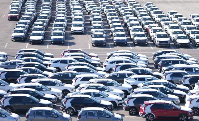 Vehicles for export are parked at a port in Pyeongtaek, South Korea, Tuesday, Jan. 27, 2026. (AP Photo/Lee Jin-man)