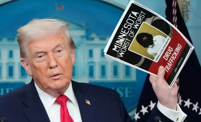 President Donald Trump speaks during a press briefing at the White House in Washington, Tuesday, Jan. 20, 2026. (AP Photo/Mark Schiefelbein)