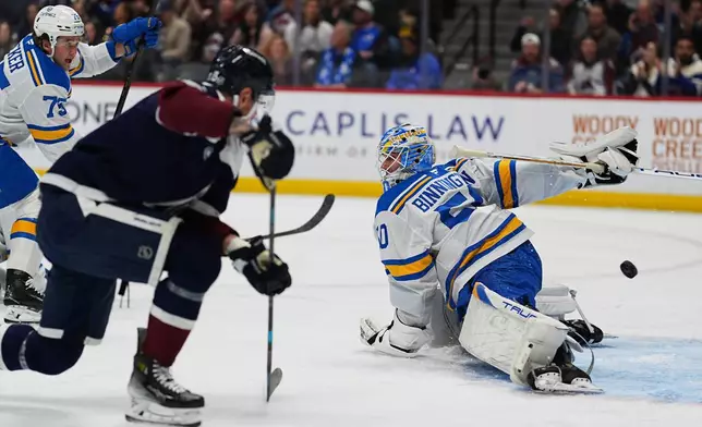 St. Louis Blues goaltender Jordan Binnington, right, allows in a goal on a shot by Colorado Avalanche right wing Valeri Nichushkin in the first period of an NHL hockey game, Wednesday, Dec. 31, 2025, in Denver. (AP Photo/David Zalubowski)