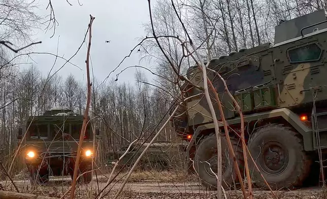 In this image made from video provided by Russian Defense Ministry Press Service on Monday, Dec. 29, 2025, A Russia's Oreshnik missile system is seen during a training in an undisclosed location in Belarus. (Russian Defense Ministry Press Service via AP)