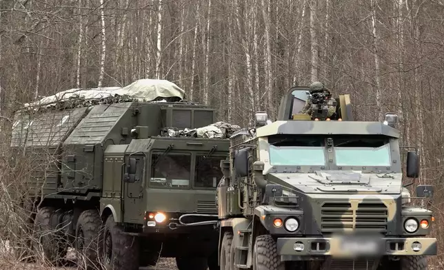 In this image made from video provided by Russian Defense Ministry Press Service on Monday, Dec. 29, 2025, Russia's Oreshnik missile system is seen during a training in an undisclosed location in Belarus. (Russian Defense Ministry Press Service via AP)