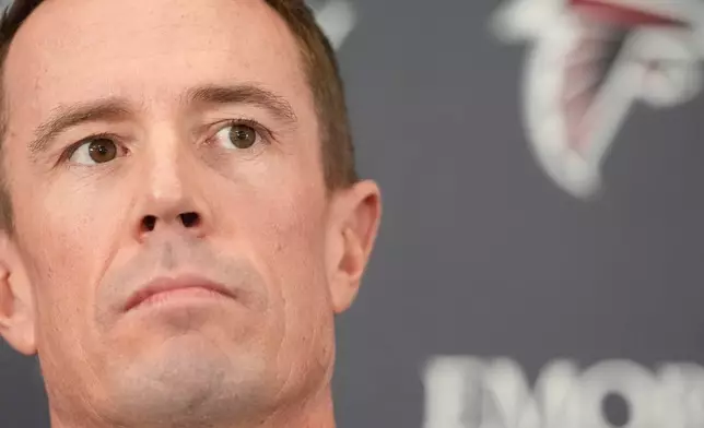 Former Falcons quarterback Matt Ryan speaks during a news conference as the new Atlanta Falcons president of football, Tuesday, Jan. 13, 2026, in Flowery Branch, Ga. (AP Photo/Brynn Anderson)