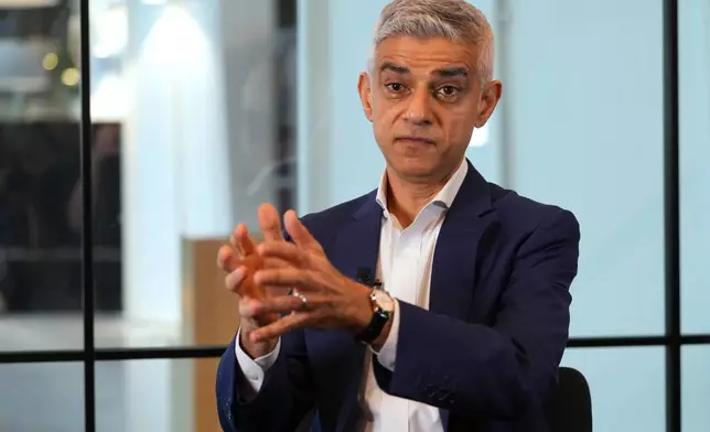 Mayor of London Sadiq Khan speaks during an interview in London, Monday, Jan. 12, 2026. (AP Photo/Kirsty Wigglesworth)