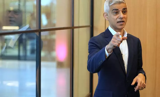 Mayor of London Sadiq Khan speaks during an interview in London, Monday, Jan. 12, 2026. (AP Photo/Kirsty Wigglesworth)