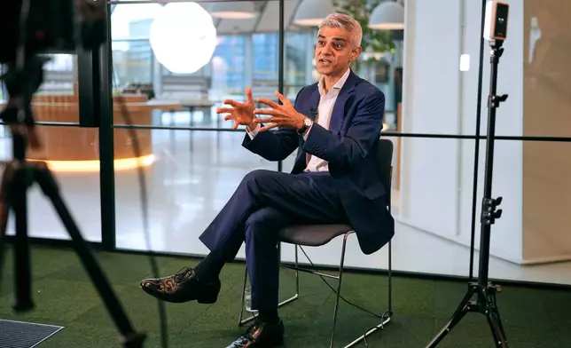 Mayor of London Sadiq Khan speaks during an interview in London, Monday, Jan. 12, 2026. (AP Photo/Kirsty Wigglesworth)