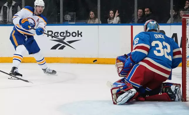 Buffalo Sabres' Mattias Samuelsson (23) shoots the puck past New York Rangers goaltender Jonathan Quick (32) for a goal during the third period of an NHL hockey game Thursday, Jan. 8, 2026, in New York. (AP Photo/Frank Franklin II)