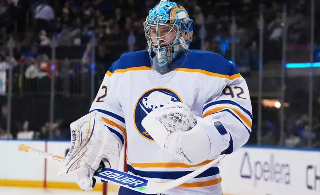 Buffalo Sabres goaltender Colten Ellis (92) skates during a pause in play during the second period of an NHL hockey game against the New York Rangers Thursday, Jan. 8, 2026, in New York. (AP Photo/Frank Franklin II)