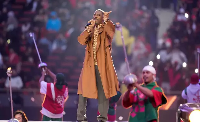 English actor Idris Elba performs during a closing ceremony ahead of the Africa Cup of Nations final soccer match between Senegal and Morocco, in Rabat, Morocco, Sunday, Jan. 18, 2026. (AP Photo/Mosa'ab Elshamy)