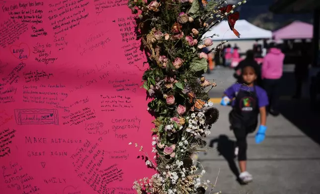 Messages are written on a sign post on a food distribution site for people affected by the wildfires on the one-year anniversary of the Eaton Fire Wednesday, Jan. 7, 2026, in Altadena, Calif. (AP Photo/Gregory Bull)
