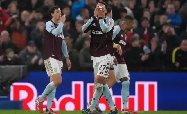 Aston Villa's Morgan Rogers reacts during the English Premier League soccer match between Aston Villa and Everton in Birmingham, Sunday, Jan. 18, 2026.(AP Photo/Dave Shopland)
