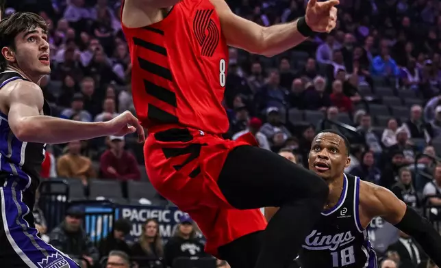 Portland Trail Blazers forward Deni Avdija (8) goes for a layup during the first half of an NBA basketball game against the Sacramento Kings, Sunday, Jan. 18, 2026, in Sacramento, Calif. (AP Photo/Justine Willard)