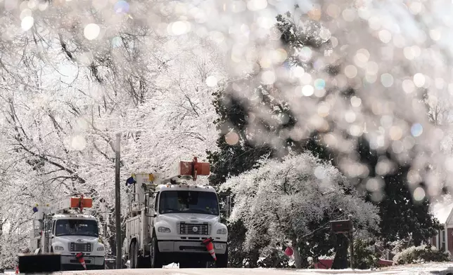 Utility trucks are seen through ice covered trees Wednesday, Jan. 28, 2026, in Nashville, Tenn. after a winter storm passed through area over the weekend. (AP Photo/George Walker IV)