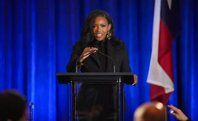 Democratic primary candidates for U.S. Senate, Rep. Jasmine Crockett, D-Texas, stands on stage during a sound check prior to a debate during the Texas AFL-CIO Committee on Political Education Convention, Saturday, Jan. 24, 2026, in Georgetown, Texas. (Bob Daemmrich/Texas Tribune via AP, Pool)