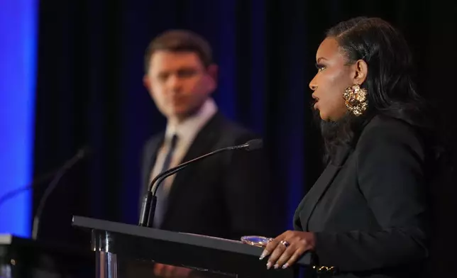 Primary candidates for U.S. Senate, Rep. Jasmine Crockett, D-Texas, right, and Texas state Rep. James Talarico, D-Austin, left, participate in a debate during the Texas AFL-CIO Committee on Political Education Convention, Saturday, Jan. 24, 2026, in Georgetown, Texas. (Bob Daemmrich/Texas Tribune via AP, Pool)