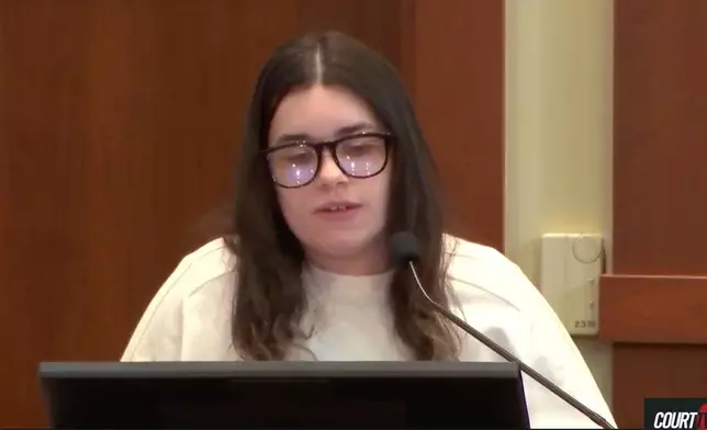 This image taken from video, Juliana Peres Magalhães testifies during the trial of Brendan Banfield, charged with aggravated murder in the 2023 killings of Christine Banfield and Joseph Ryan, on Tuesday, Jan. 13, 2026 in Fairfax, Va. (Court TV via AP, Pool)