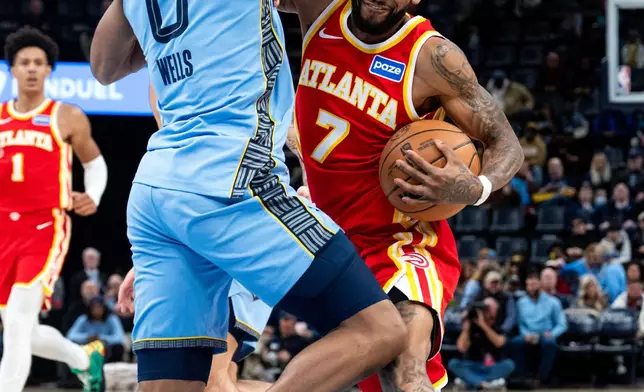 Atlanta Hawks guard Nickeil Alexander-Walker (7) drives against Memphis Grizzlies forward Jaylen Wells (0) in the first half of an NBA basketball game Wednesday, Jan. 21, 2026, in Memphis, Tenn. (AP Photo/Brandon Dill)