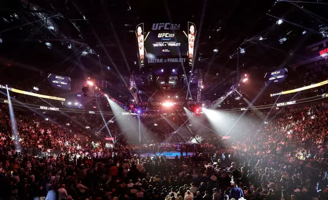 A view of T-Mobile Arena during the UFC 324 mixed martial arts event Saturday Jan. 24, 2026, in Las Vegas. (AP Photo/Steve Marcus)
