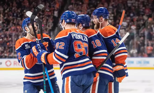 Edmonton Oilers celebrate a goal against the St. Louis Blues during second period NHL hockey action, in Edmonton on Sunday, Jan. 18, 2026. (Jason Franson/The Canadian Press via AP)