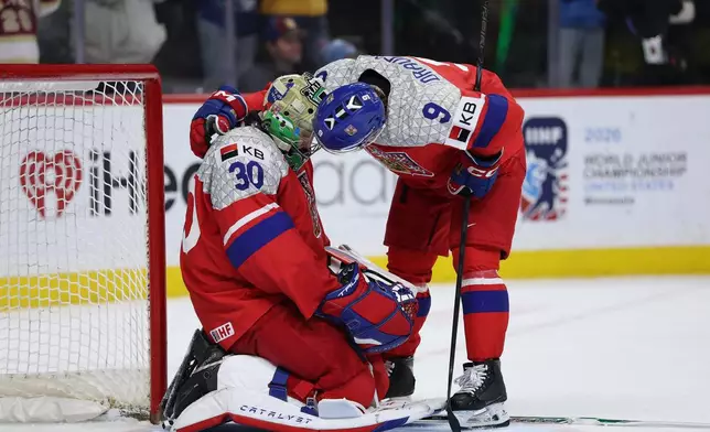 Czechia goalie Michal Orsulak (30) and defenseman Vladimir Dravecky (9) react after losing an IIHF World Junior Hockey Championship gold medal game to Sweden, Monday, Jan. 5, 2026, in St. Paul, Minn. (AP Photo/Matt Krohn)