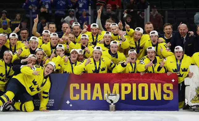 Sweden players celebrate after winning an IIHF World Junior Hockey Championship gold medal game against Czechia, Monday, Jan. 5, 2026, in St. Paul, Minn. (AP Photo/Matt Krohn)