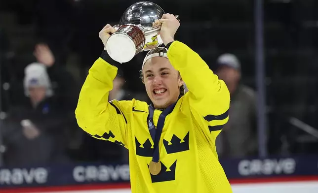 Sweden's Linus Eriksson celebrates after winning an IIHF World Junior Hockey Championship gold medal game against Czechia, Monday, Jan. 5, 2026, in St. Paul, Minn. (AP Photo/Matt Krohn)