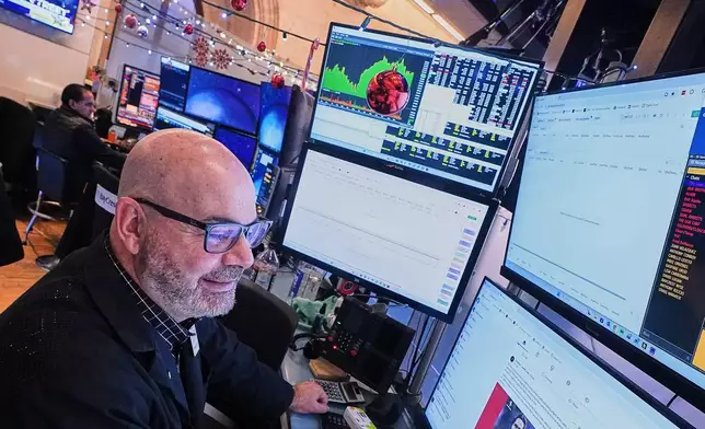 Trader Fred Demarco works on the floor of the New York Stock Exchange, Friday, Jan. 2, 2026. (AP Photo/Richard Drew)