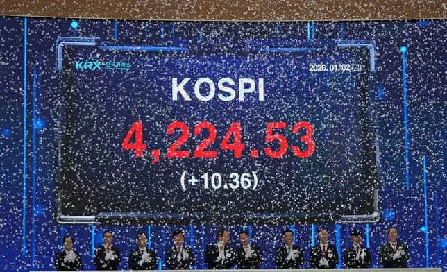 A screen shows the Korea Composite Stock Price Index (KOSPI) as participants applaud during the opening ceremony of the 2026 trading year at the Korea Exchange in Seoul, South Korea, Friday, Jan. 2, 2026. (AP Photo/Lee Jin-man)