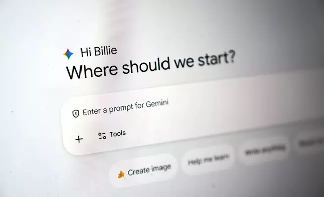 Art teacher Joyce Hatzidakis uses the AI tool Google Gemini in her high school classroom Thursday, Jan. 22, 2026, Riverside, Calif. (AP Photo/Damian Dovarganes)