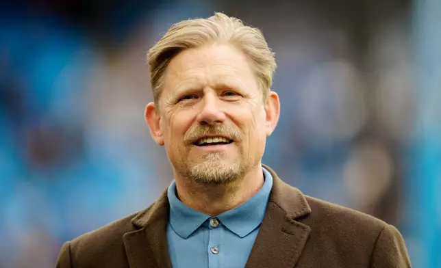 FILE - Former Manchester United Danish goalkeeper Peter Schmeichel at the stadium before the Champions League semifinal second leg soccer match between Manchester City and Real Madrid at Etihad stadium in Manchester, England, May 17, 2023. (AP Photo/Jon Super, File)