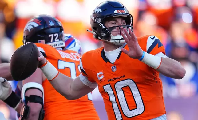 Denver Broncos quarterback Bo Nix throws during the first half of an NFL divisional round playoff football game against the Buffalo Bills, Saturday, Jan. 17, 2026, in Pittsburgh. (AP Photo/Jack Dempsey)