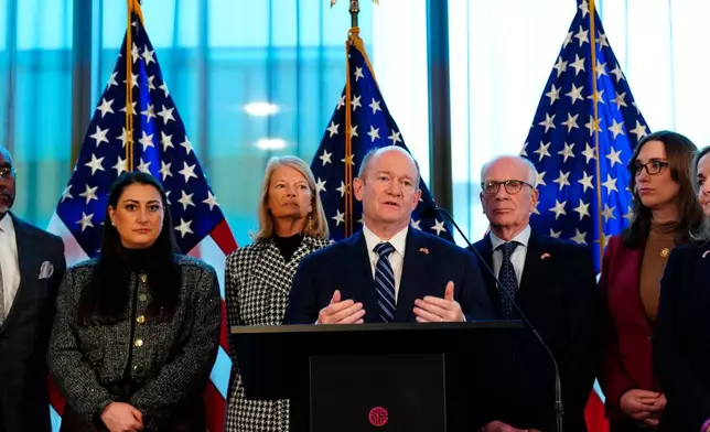 Senator Chris Coons from the Democratic Party speaks during a press conference with the American delegation, consisting of senators and members of the House of Representatives, in Copenhagen, Denmark, Saturday, Jan. 17, 2026. (Ida Marie Odgaard/Ritzau Scanpix via AP)