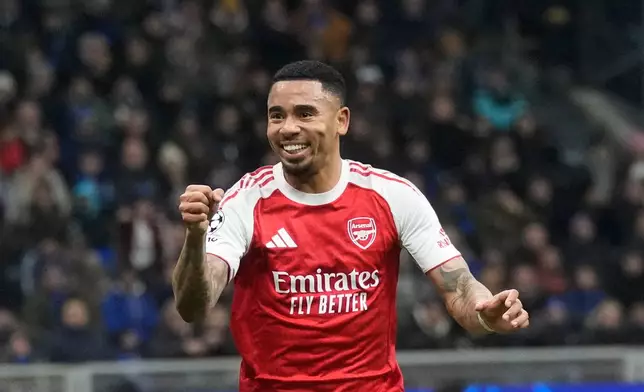 Arsenal's Gabriel Jesus celebrates after scoring his side's second goal during the Champions League opening phase soccer match between Inter Milan and Arsenal in Milan, Italy, Tuesday, Jan. 20, 2026. (AP Photo/Luca Bruno)